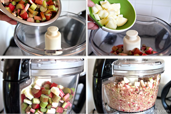 Put rhubarb and apple in food processor or blender. Process for about a minute or until it is almost smooth.